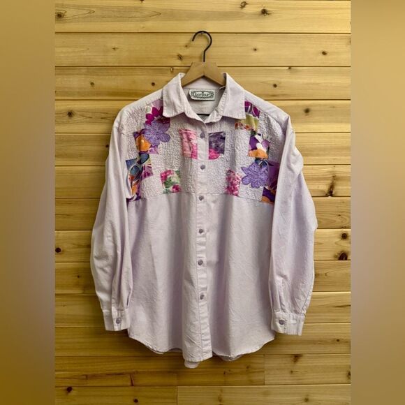 Vintage Bonjour Size Lavender Abstract Floral Button Up Lagenlook Top - Picture 1 of 10